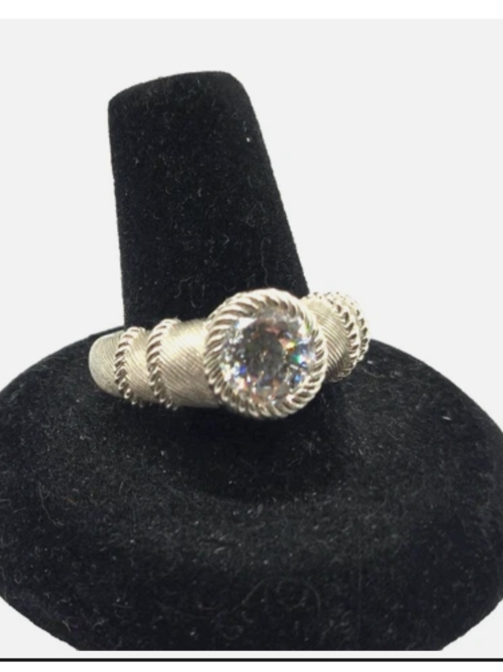 Sterling Silver Rope-Detail Ring with Clear Crystal Center Sz 10